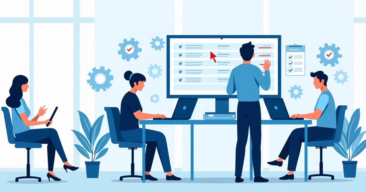 Equipe técnica organizando ordens de serviço em ambiente digital