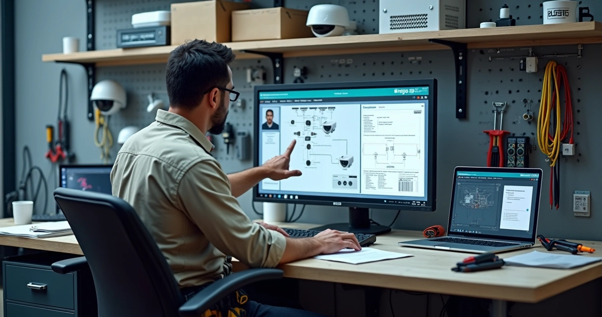 Suporte técnico da BJSEG ajudando instalador por videochamada com produtos de segurança na bancada 