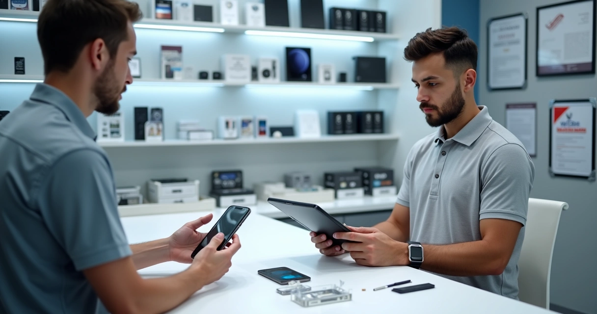 Técnico de celular atendendo cliente em balcão de assistência técnica profissional 