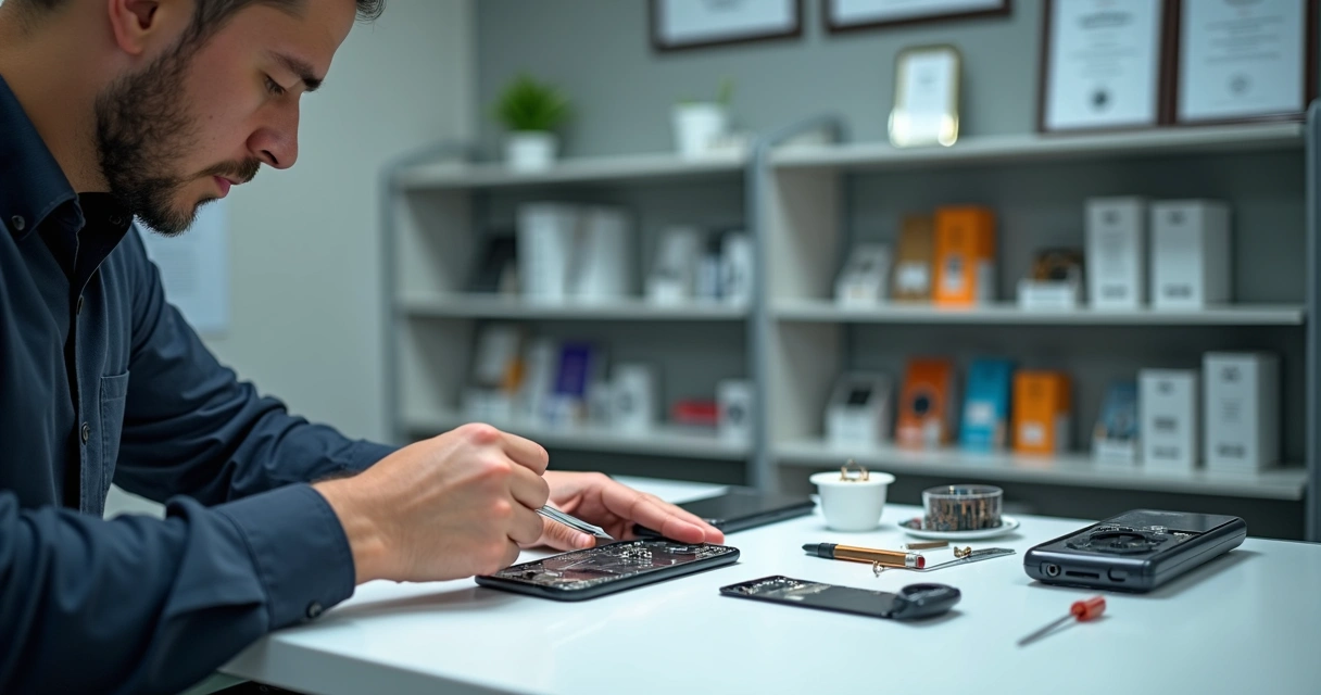 Técnico consertando smartphone em bancada organizada de assistência técnica 