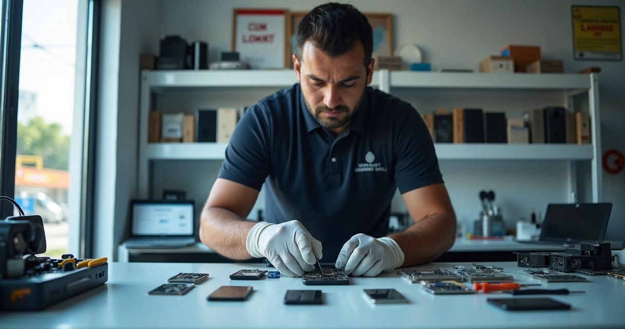 Técnico consertando smartphone em bancada organizada de assistência técnica em Poá SP 