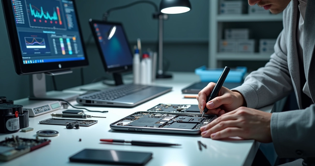 Técnico em bancada fazendo manutenção em celular e notebook abertos 