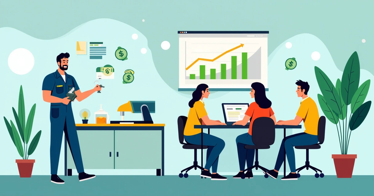 Um ambiente de assistência técnica dinâmico com um técnico motivado apresentando serviços a um cliente satisfeito.