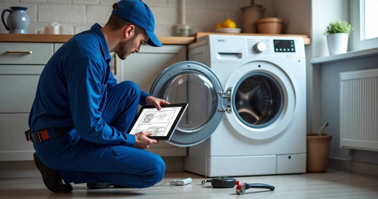Técnico consulta manual digital ao lado de máquina de lavar aberta 