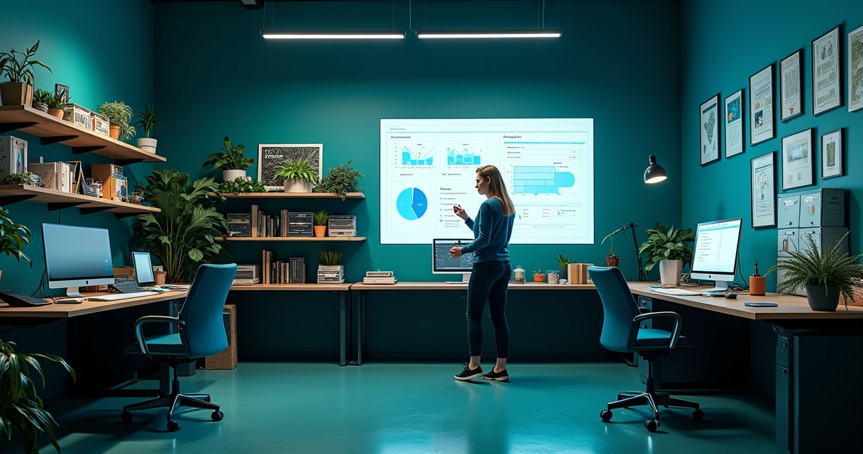 Assistência técnica moderna com prateleiras organizadas e controle de estoque eficiente, com peças eletrônicas e computador.