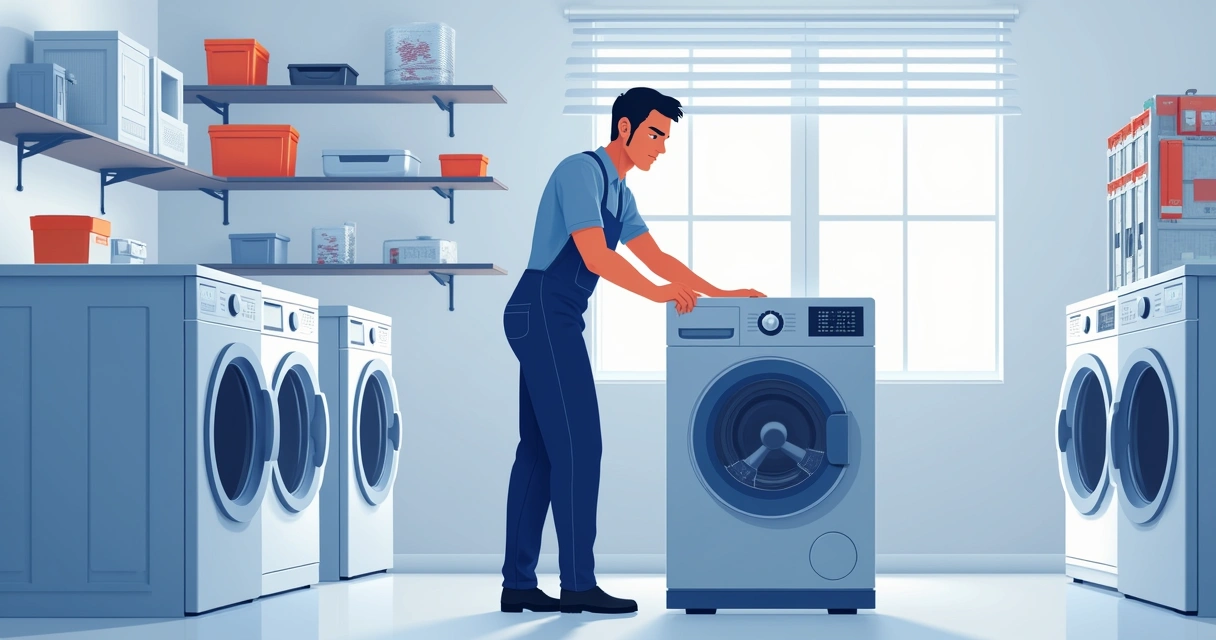 Técnico consertando máquina de lavar em oficina organizada 