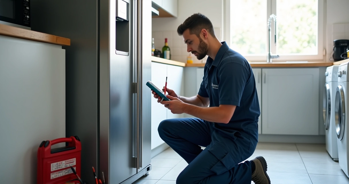 Técnico consertando geladeira em cozinha moderna com outros eletrodomésticos ao fundo 