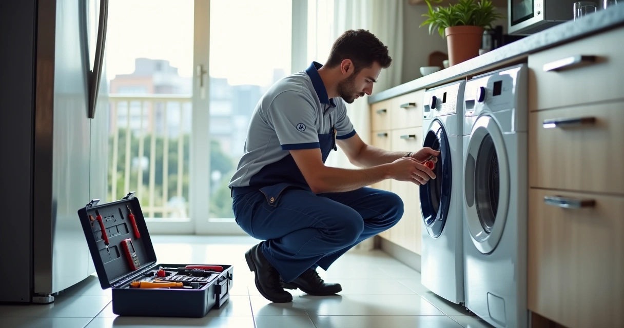 Técnico ajustando painel de máquina de lavar Electrolux na lavanderia com geladeira e fogão ao fundo 