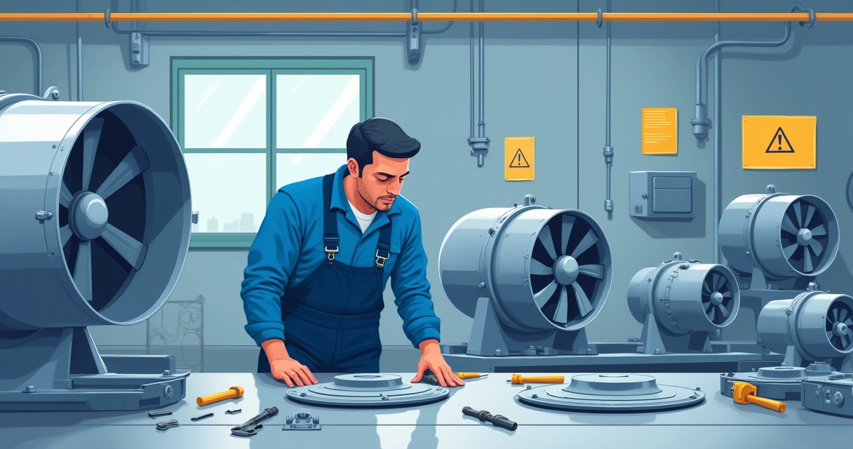 Técnico realizando manutenção em ventilador industrial 
