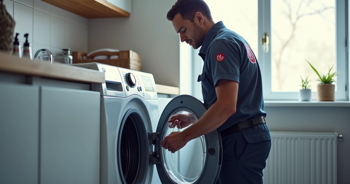Técnico de uniforme examinando Lava e Seca LG, painel aberto e ferramentas ao lado. 