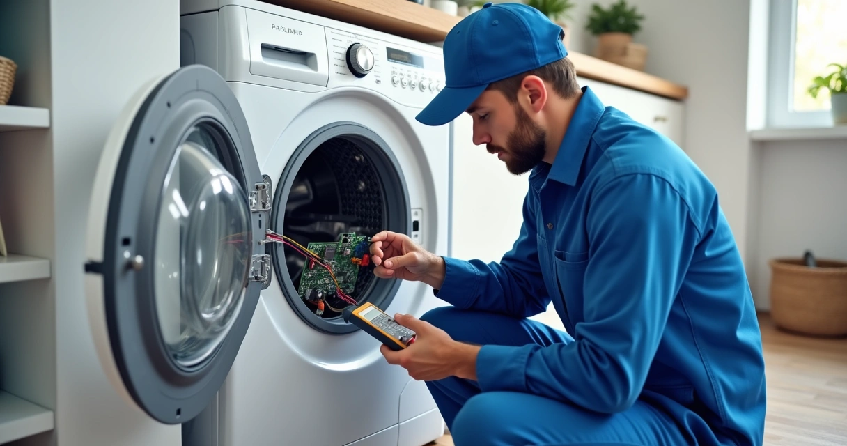 Técnico consertando lavadora inteligente moderna 