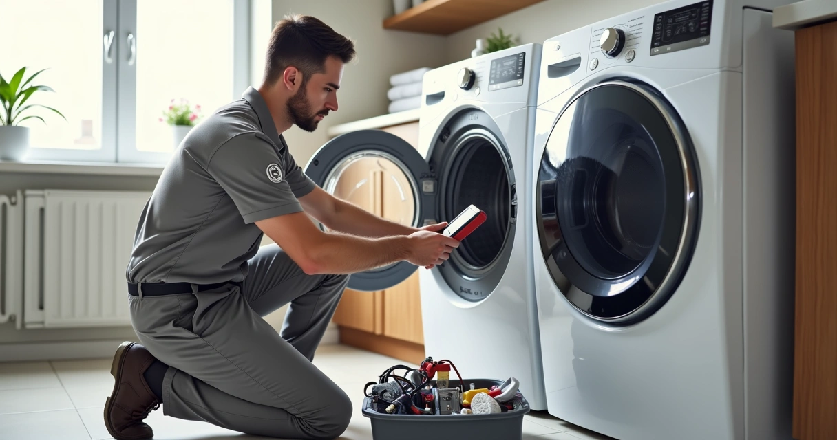 Técnico ajustando máquina lava e seca LG em lavanderia residencial 