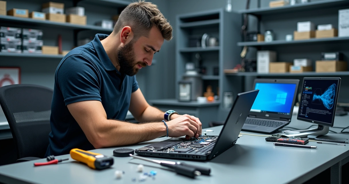 Técnico consertando notebook em bancada profissional de assistência técnica 