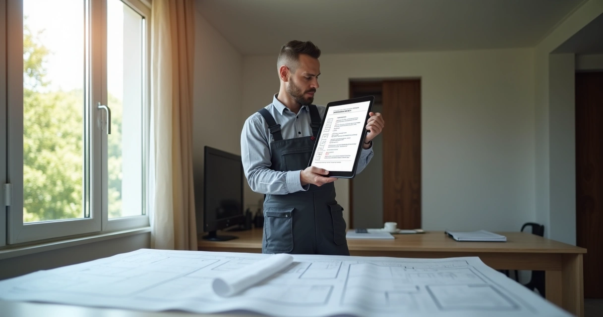 Técnico faz vistoria em apartamento com tablet na mão 
