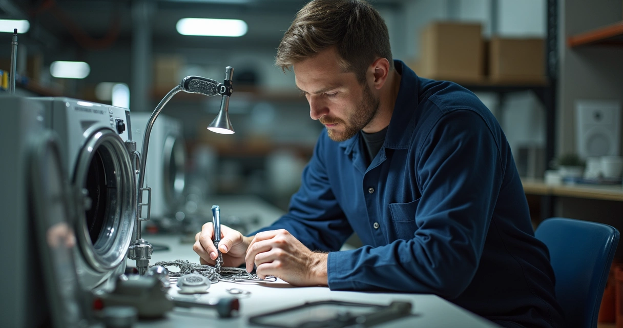 Técnico de manutenção de eletrodomésticos analisando peças 