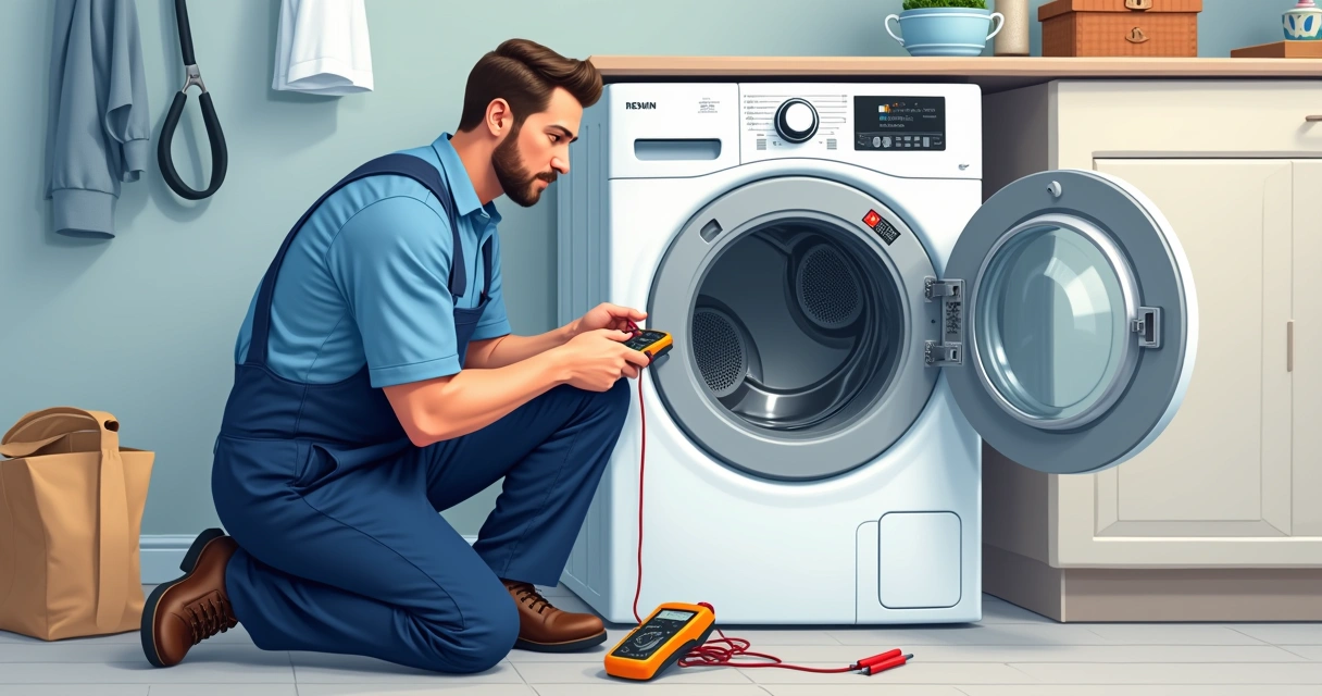 Técnico de manutenção inspecionando secadora de roupas 