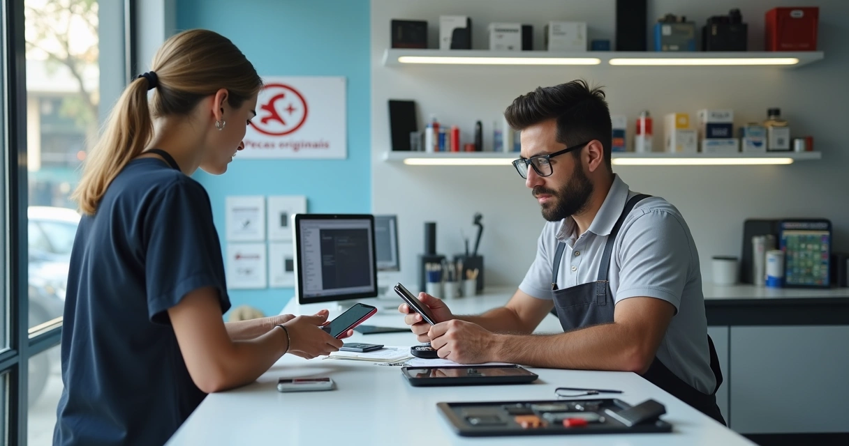 Técnico de smartphone atendendo cliente em bancada organizada de assistência técnica 