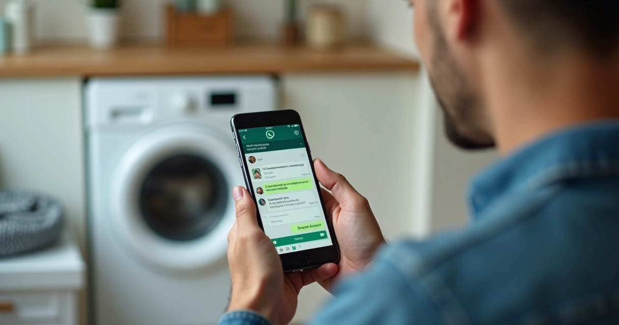 Chat de atendimento técnico pelo WhatsApp, tela de celular aberta com troca de mensagens sobre eletrodoméstico 