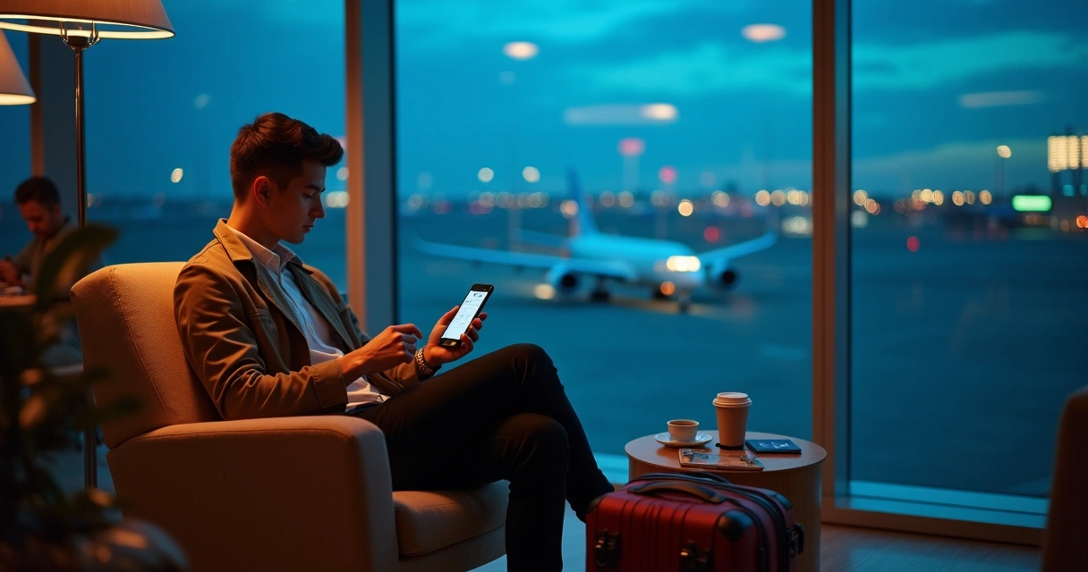 Viajante em aeroporto recebendo assistência de viagem 24 horas pelo celular 