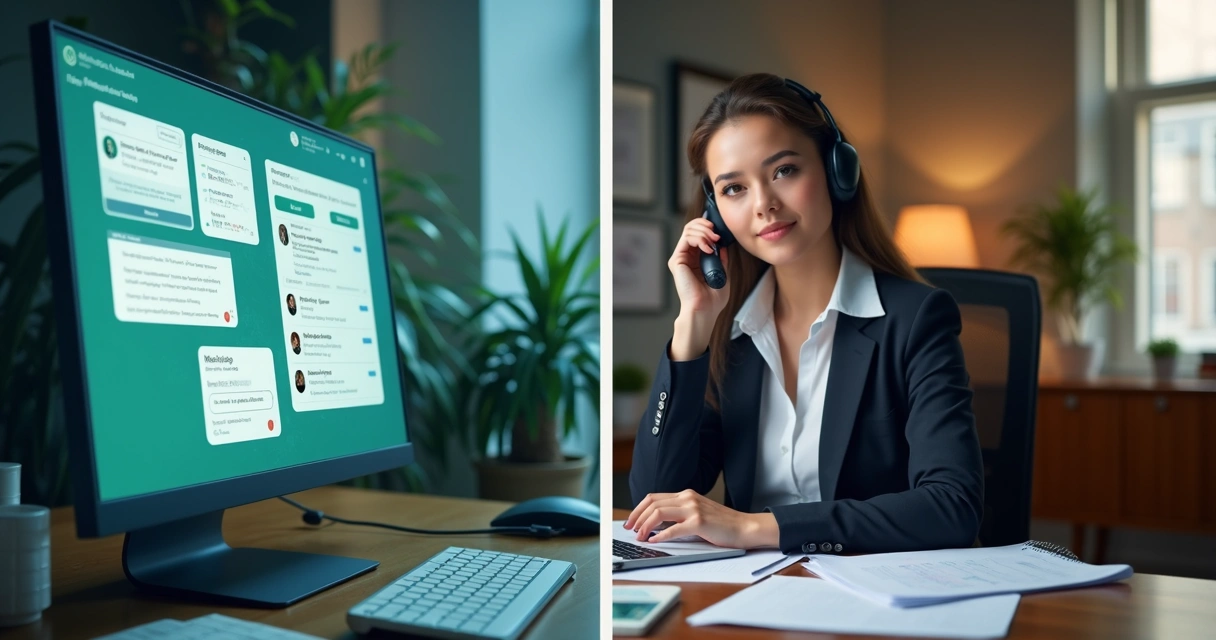 Computador exibindo interface de assistente automático de WhatsApp e secretária tradicional atendendo telefone no escritório moderno