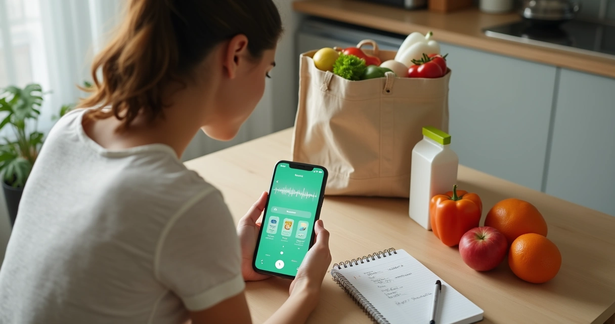 Pessoa falando com assistente de compras por voz no smartphone sobre lista de mercado 