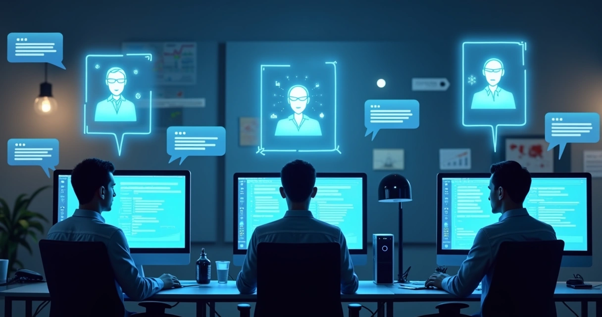 Assistente IA corporativo interagindo com funcionários em chat 