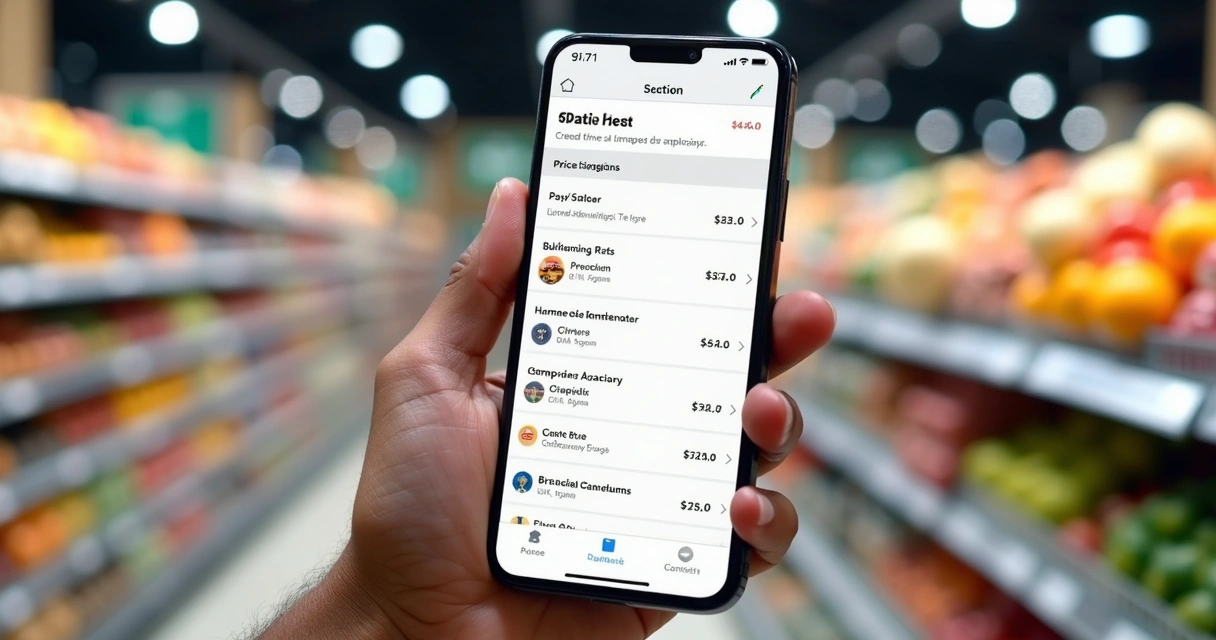 Smartphone na mão mostrando lista de compras montada pela assistente Dani com ícones de supermercado ao fundo 