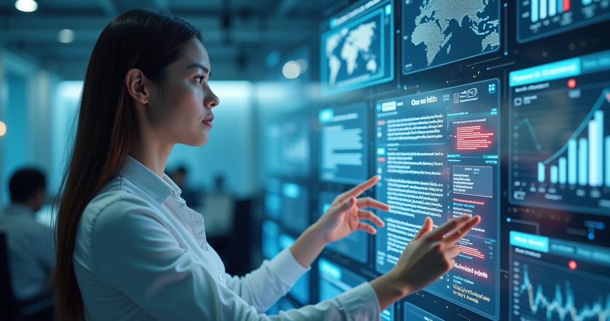 Assistente digital analisando notícias em múltiplas telas com gráficos e alertas de falsidade 