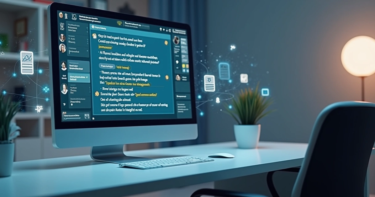 Assistente digital em tela de computador interpretando linguagem natural com expressões irônicas 
