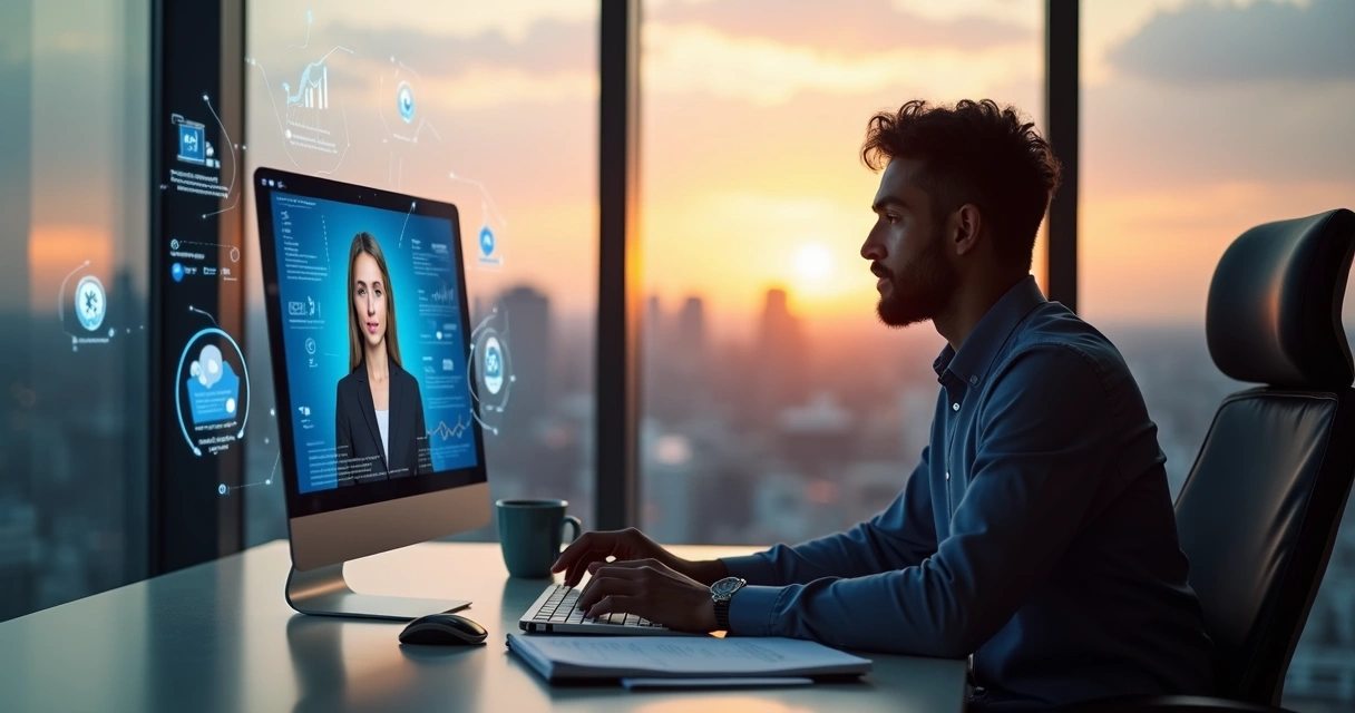 Assistente digital interagindo com cliente em uma mesa de trabalho 