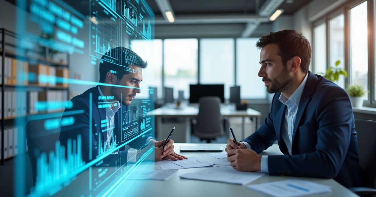 Assistente digital analisando dados em tela com auditor revisando documentos em escritório moderno