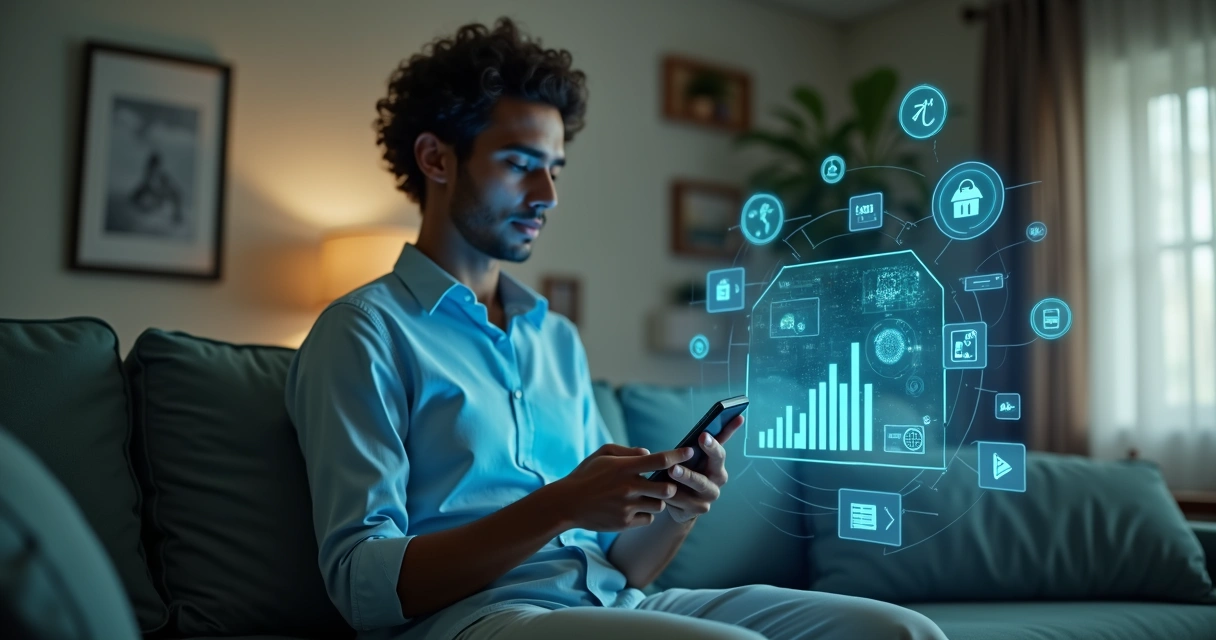 Pessoa usando assistente virtual no smartphone com gráficos digitais ao fundo 