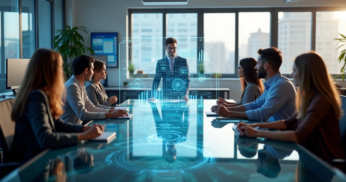 Equipe de profissionais em reunião com assistente digital holográfico no centro da mesa de vidro 