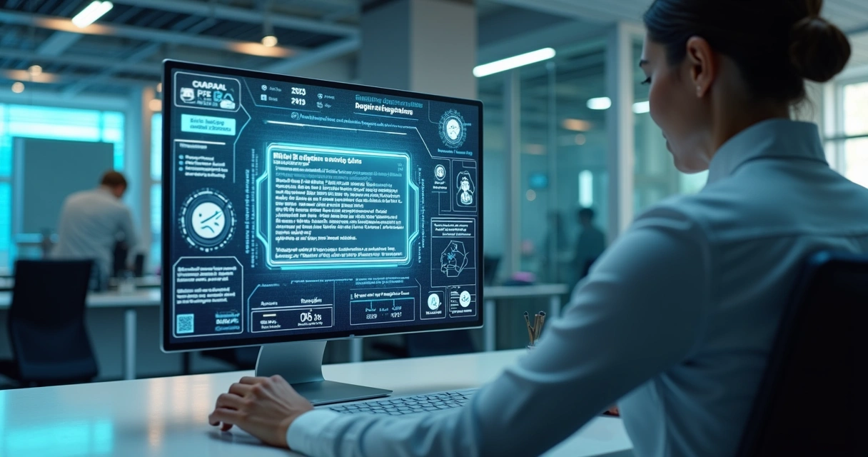 Assistente digital analisando linguagem natural em computador com expressões irônicas na tela 