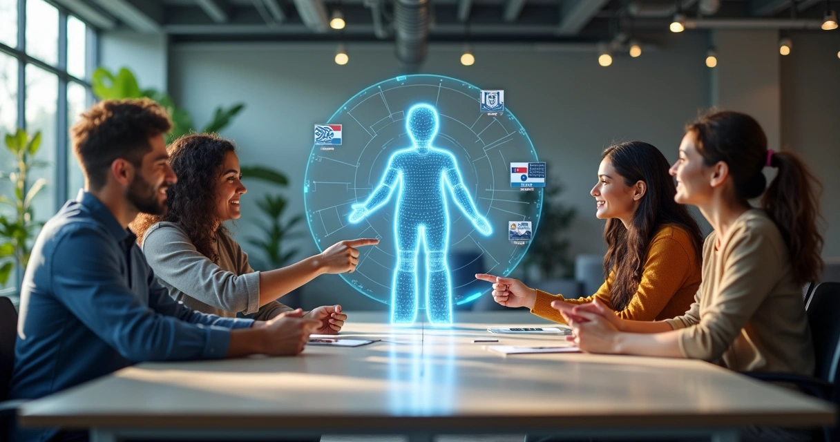 Assistente digital interagindo em ambiente multicultural com pessoas e ícones culturais ao redor 