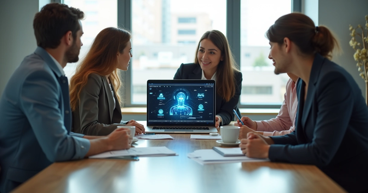 Equipe de trabalho em mesa discutindo com assistente digital inteligente ao lado