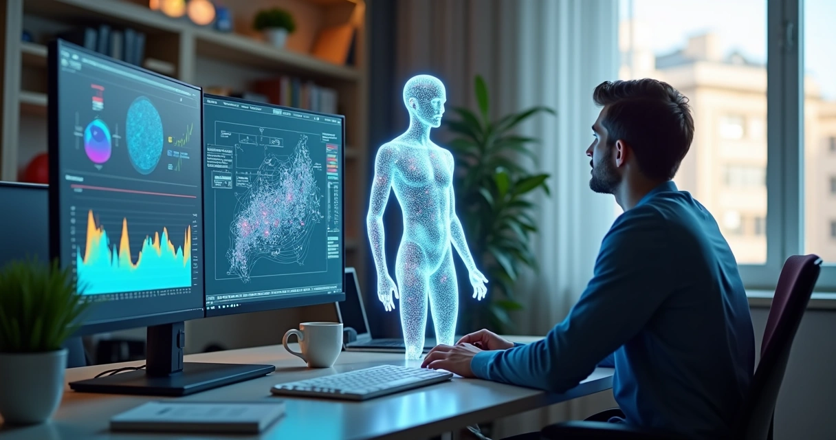 Assistente digital interagindo com humano em ambiente corporativo moderno, tela de computador exibindo gráficos e códigos éticos 
