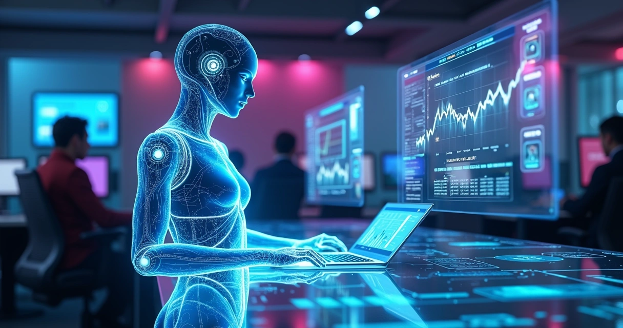 Assistente digital interagindo com dados e gráficos em tempo real em ambiente tecnológico 