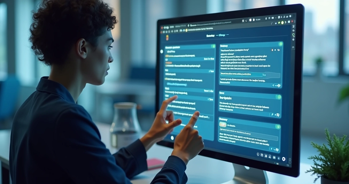 Pessoa interagindo com assistente virtual em computador moderno