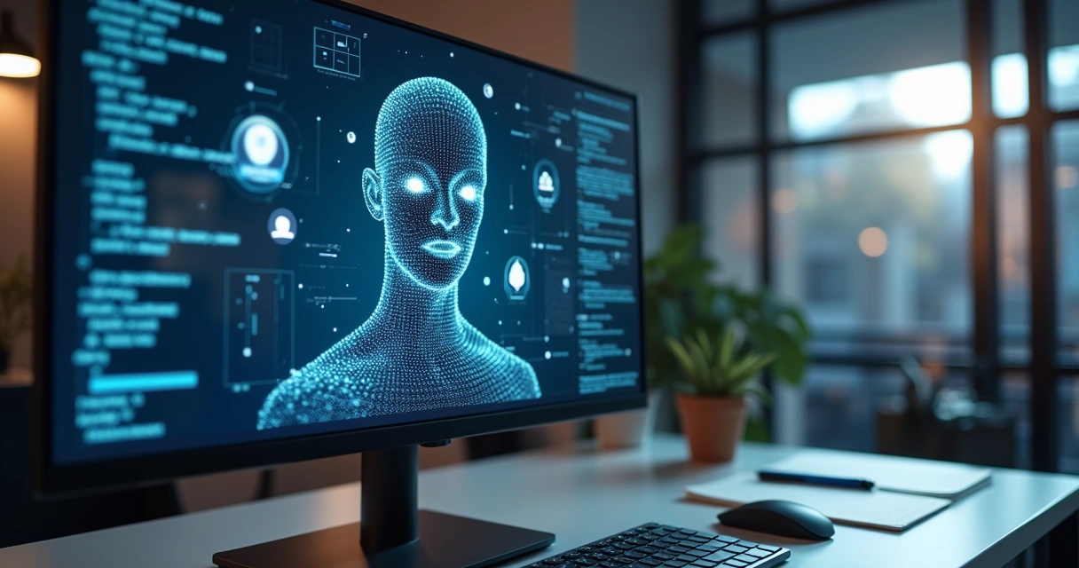 Tela de computador exibindo assistente digital com sinais visuais de falhas e códigos quebrados 
