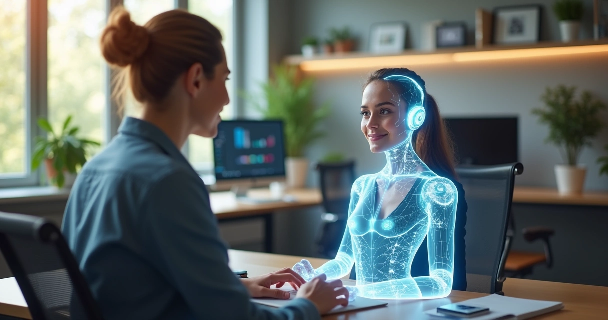 Assistente digital interagindo de forma empática com pessoa em ambiente de escritório moderno 