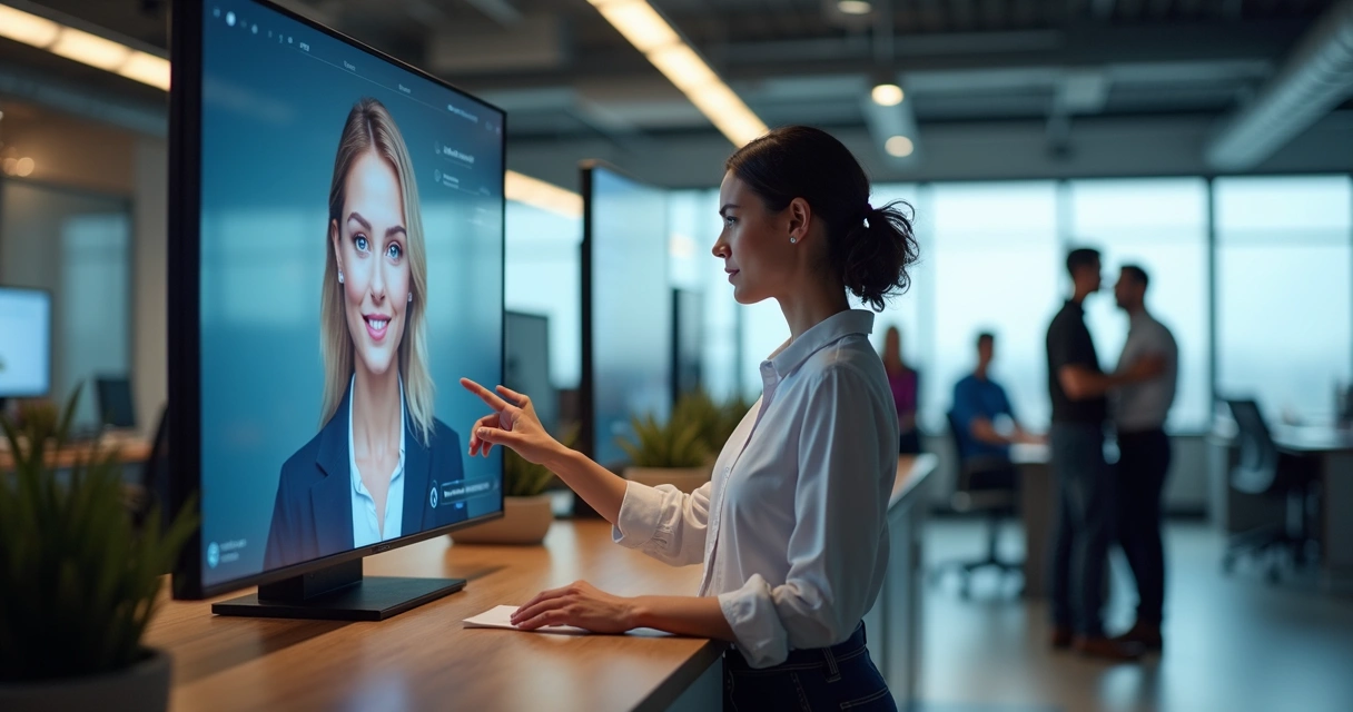 Pessoa interagindo com assistente digital em tela 
