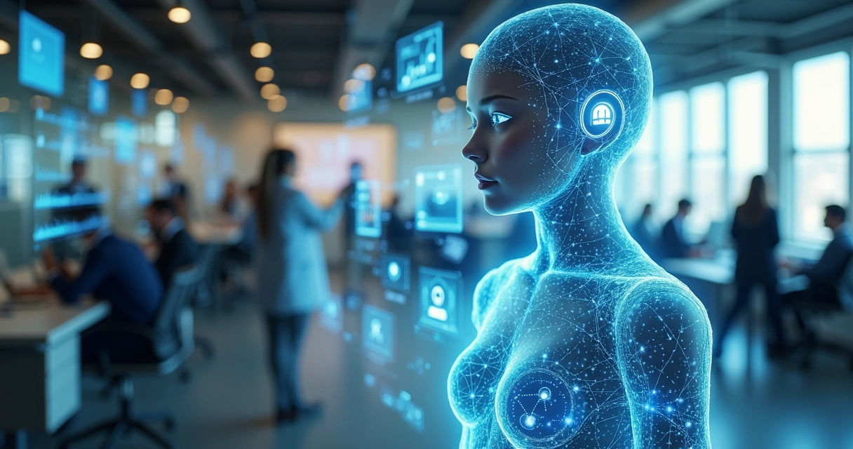 Assistente digital interagindo simultaneamente em múltiplas telas e canais de comunicação em ambiente de escritório moderno