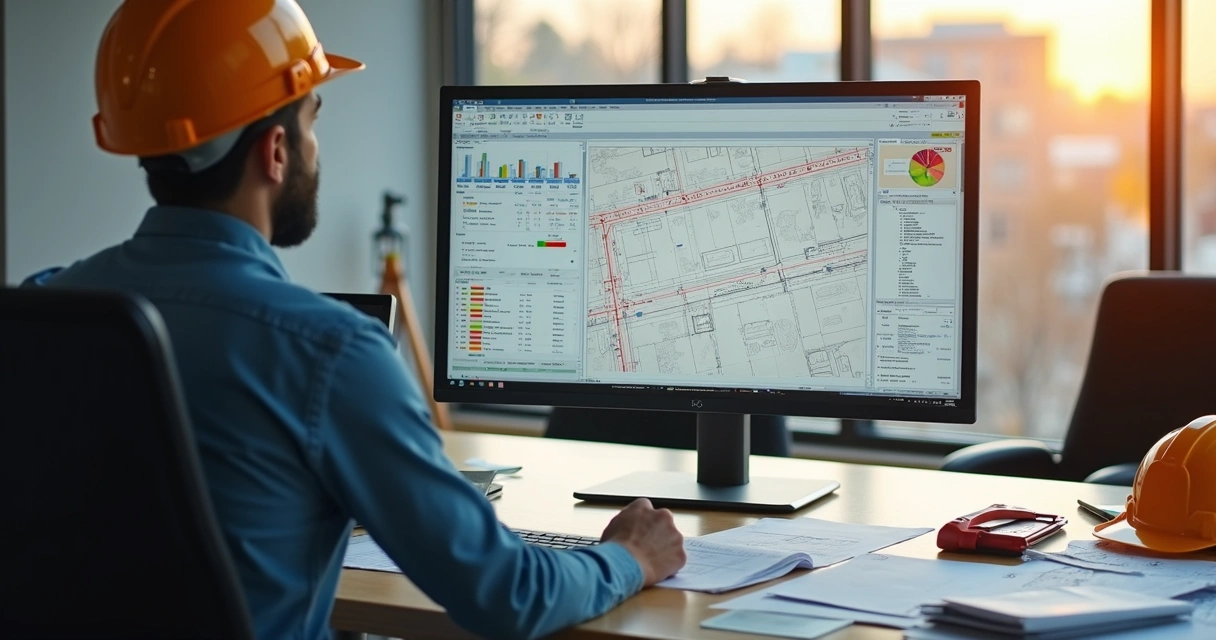 Assistente digital organizando documentos construtivos em um computador 