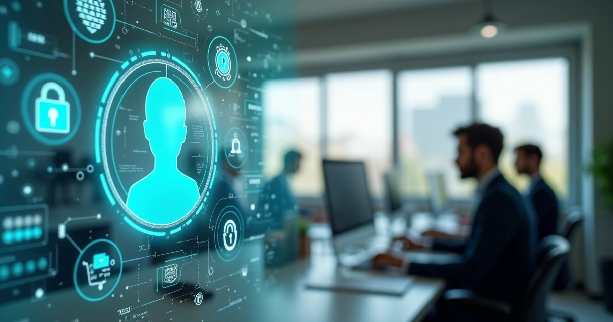 Interface digital com assistente virtual e ícones de segurança e privacidade em cenário moderno 