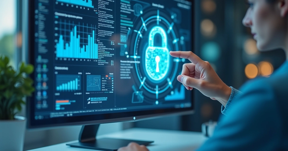 Assistente digital operando computador com gráficos de segurança e cadeado digital na tela 