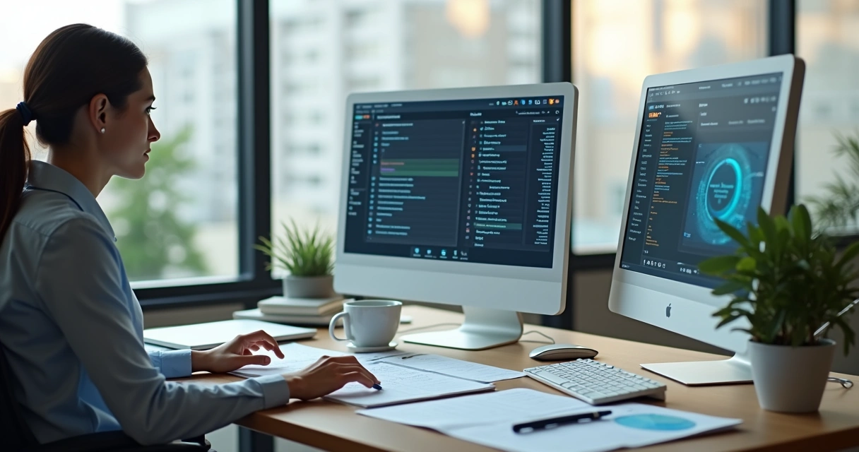 Assistente digital atuando em escritório com computador e planilhas 