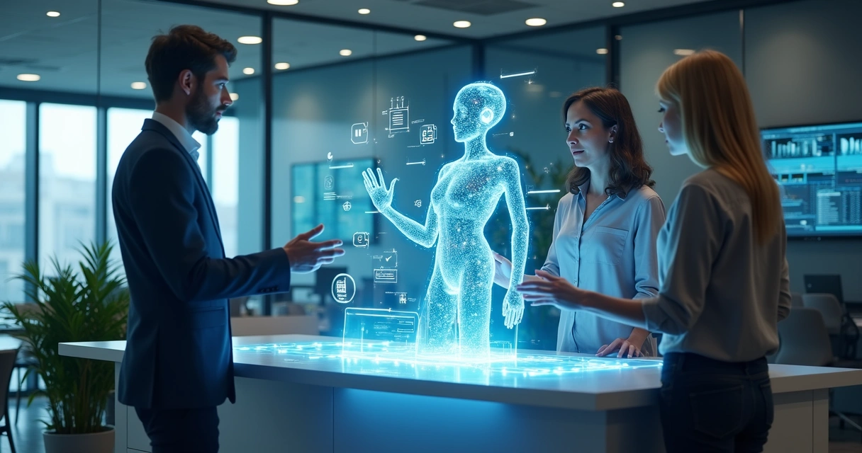 Assistente digital holográfico interagindo com equipe em ambiente de escritório moderno 