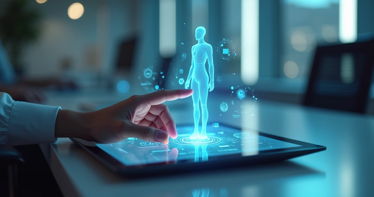 Mão humana interagindo com assistente digital holográfico em ambiente de escritório futurista 