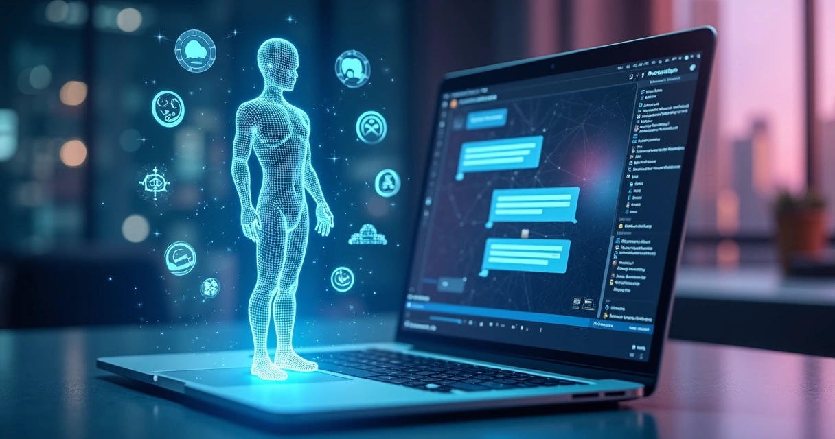 Ilustração realista de um assistente digital diferenciando-se de um chatbot, com interfaces digitais e ícones de interação humana 